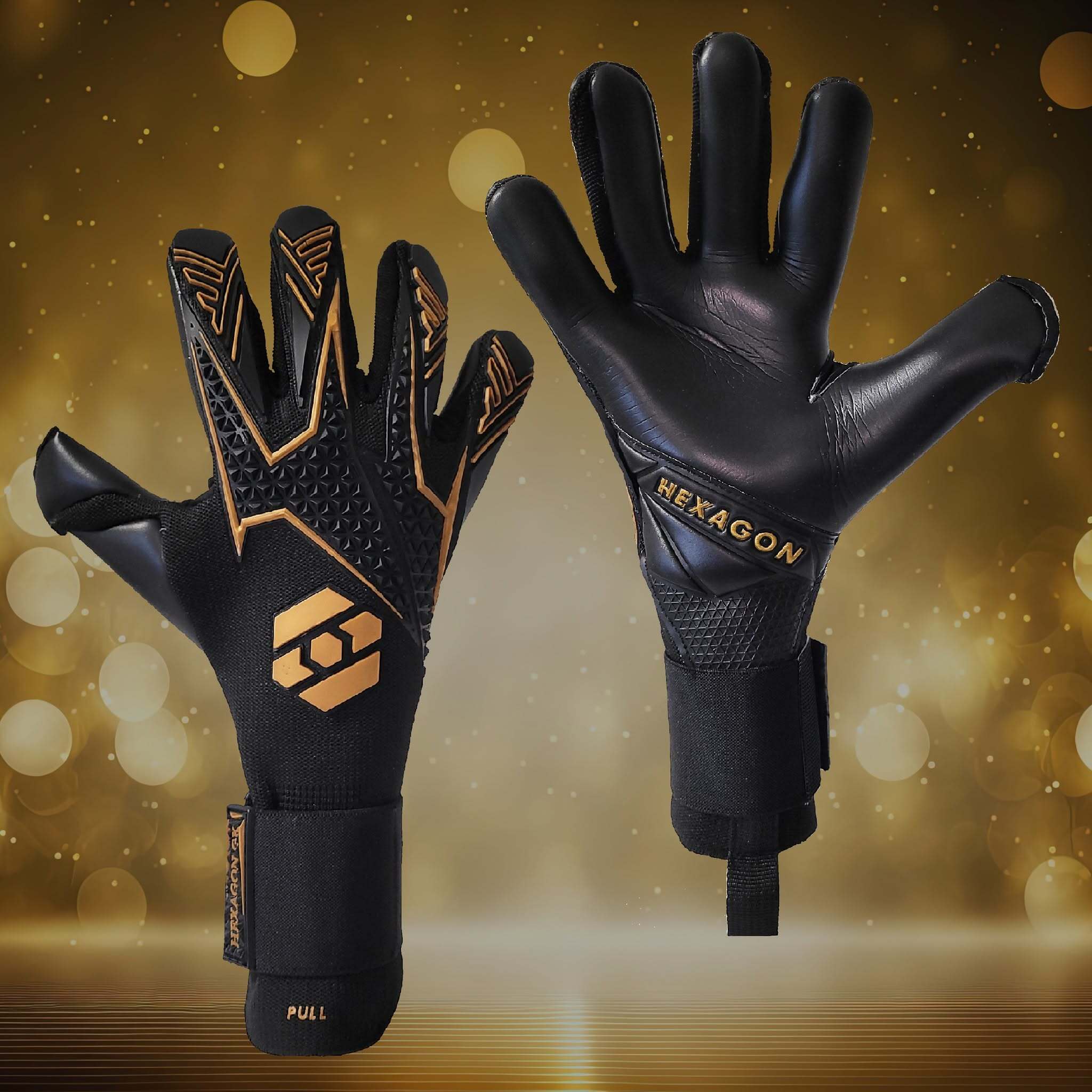 Black Hexagon GK goalkeeper gloves showing the backhand and contact-latex palm
